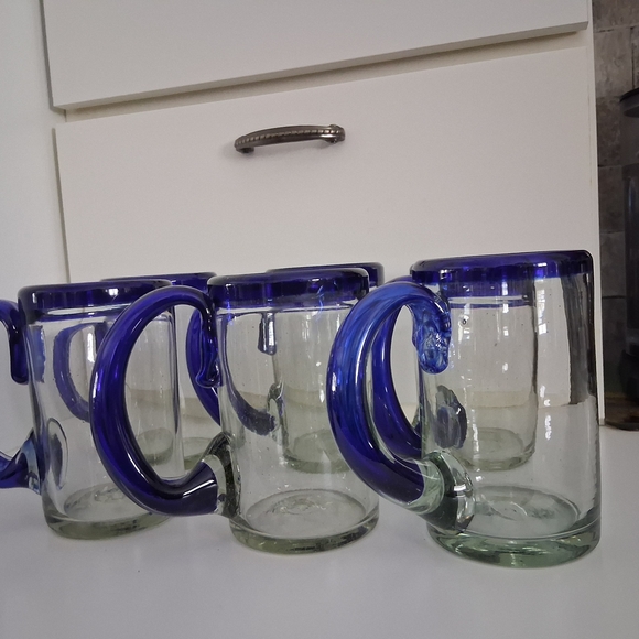Mexican Hand Blown Blue Rimmed Glass Mugs Set Of 6 - Picture 5 of 8
